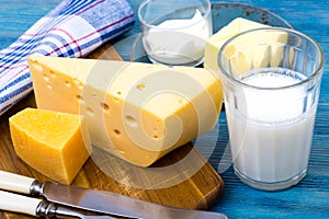 Dairy products as background of healthy food on blue