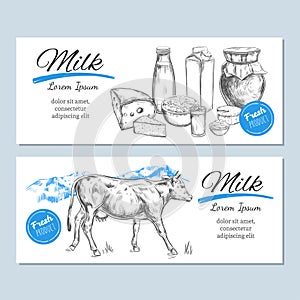 Dairy products banners, labels. Milk products and farm landscape with cow. Milk, curd, yogurt, cheese and other.