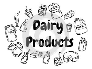 Dairy products black and white doodles set. Vector illlustration photo