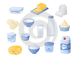 Dairy products. Cartoon bottles and glasses of milk. Cheese or butter. Jars of yogurt and cream. Fresh organic meal collection.