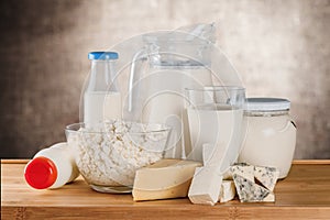 Dairy products collection on blurred background