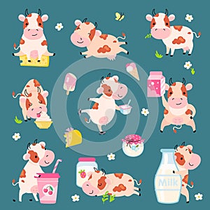 Dairy products. Cow hugs milk bottle, milkshake and yogurt, cheese and ice cream. Cartoon funny cows in various poses