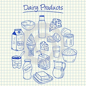 Dairy products doodles - squared paper