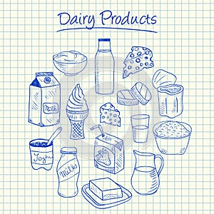 Dairy products doodles - squared paper photo
