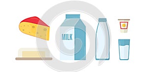 Dairy products flat vector illustrations set. Milk in bottle, package and glass isolated cliparts pack on white