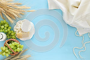 dairy products and fruits. Symbols of jewish holiday - Shavuot