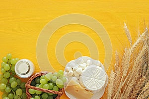 dairy products and fruits. Symbols of jewish holiday - Shavuot