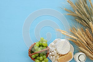 dairy products and fruits. Symbols of jewish holiday - Shavuot