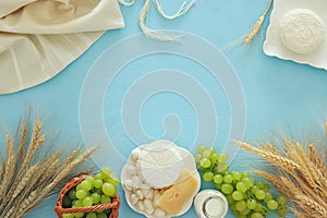 dairy products and fruits. Symbols of jewish holiday - Shavuot