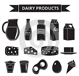 Dairy products icon set silhouette style. Milk isolated on white background. and Cheese collection. Farm foods. Vector