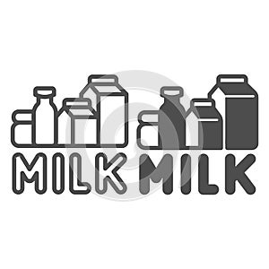 Dairy products and inscription milk line and solid icon, dairy products concept, Paper bags and bottles with milk sign