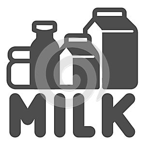 Dairy products and inscription milk solid icon, dairy products concept, Paper bags and bottles with milk sign on white