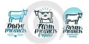 Dairy products, label set. Cow, farm animal, milk, beef icon or logo. Lettering vector illustration