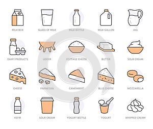 Dairy products line icon set. Jug, kefir, eggs, cow udder, cottage cheese, bottle, yogurt, cheddar minimal vector