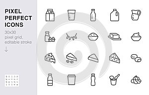 Dairy products line icon set. Jug, kefir, eggs, cow udder, cottage cheese, bottle, yogurt, cheddar minimal vector