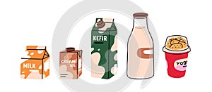 Dairy products in packages set. Cow milk, kefir, cream, yogurt on carton boxes, bottles. Milky beverages, drinks, food