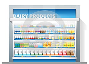 Dairy products for sale display on shelf in supermarket