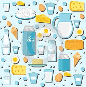 Dairy products seamless pattern with milk, cheese. Dairies background, texture, paper. Vector illustration.