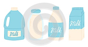 Dairy products set. Collection of bottles, bags of milk. Vector illustration.