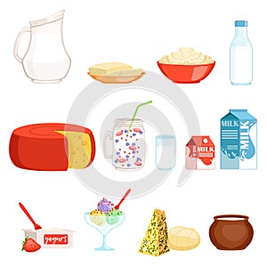 Dairy products set, milk, butter, cheese, yogurt, sour cream, ice cream vector Illustrations