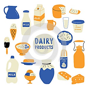 Dairy products set: milk, cheese, butter, sour cream, ice cream, yogurt, cottage cheese. Doodle hand drawn vector illustration