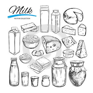 Dairy products vector collection. Milk products, cheese , butter, sour cream, curd, yogurt. Farm foods. Farm landscape with cow. H