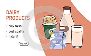 Dairy products, web page background design. Website, online shop, market sale banner, template milk and yogurt produce