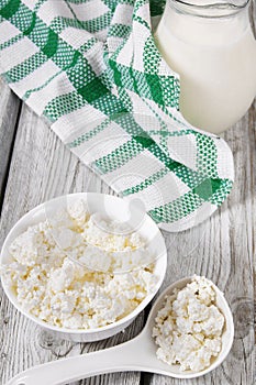 Dairy products on wooden background.