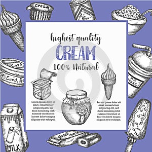 Dairy sweet Background Hand drawn vector illustration with dairy elements, Vintage retro style Ice cream and yogurt