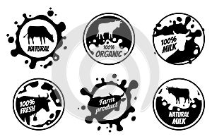Dairy vintage vector logos, milk badges, cheese packaging labels with farm animal. Dairy badge of set, fresh milk