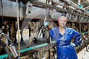 Dairymaid at milking system farm