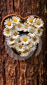 Daisies arranged on a tree in the shape of a heart. Showing love. Ai generative