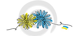 Daisies flowers vector illustration on black background.Ukrainian blue and yellow colors. One continuous line art