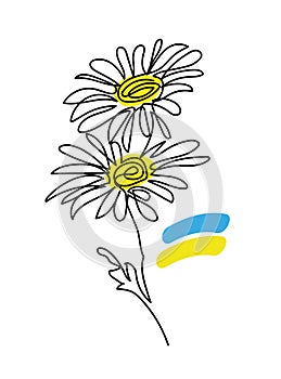 Daisies flowers vector illustration in Ukrainian blue and yellow colors. One continuous line art drawing of dasies with