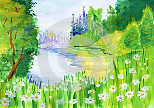 Daisies on the shores of a forest lake. Children`s drawing