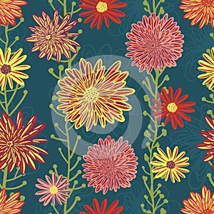 Daisy and Aster flowers seamless vector pattern. Bright red pink purple yellow flowers on blue background. Contemporary