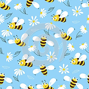 Daisy and bee seamless pattern. Flowers and cartoon bees on a blue background. Vector