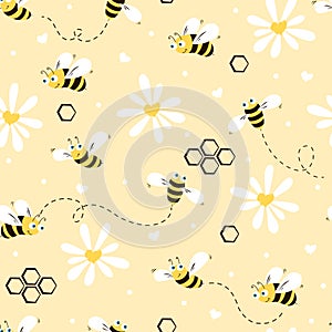 Daisy and bee seamless pattern. Flowers ,hearts, polka dots and cartoon bees on a beige background. Vector