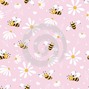 Daisy and bee seamless pattern. Flowers, petals and cartoon bees on a pink background. Vector