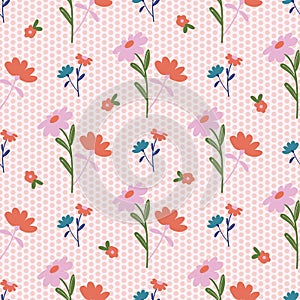 Daisy Bouquets on Polka Dot Background Seamless Pattern