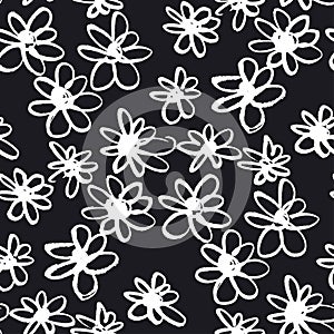 Daisy chalk flowers hand drawn seamless pattern