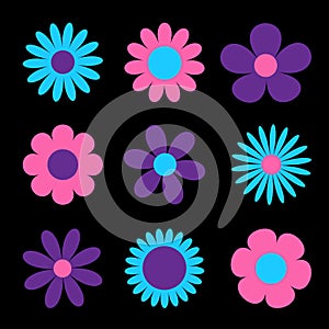 Daisy chamomile. Cute big flower plant collection. Love card. Camomile icon. Purple, violet, pink, blue ultraviolet neon glowing