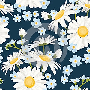 Daisy chamomile and forget-me-not field meadow spring summer flowers seamless pattern on navy blue background.