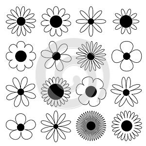 Daisy chamomile line silhouette icon. Camomile super big set. Cute round flower head plant collection. Love card symbol. Growing