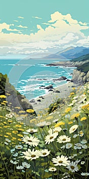 Daisy-covered Beach: A Whistlerian Digital Fantasy Seascape