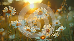 Daisy Dreams at Sunset: Golden Hour Landscape of Blooming Flowers in Grassy Meadow