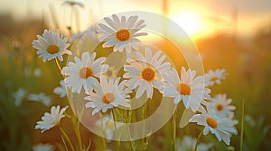 Daisy Dreams at Sunset: Golden Hour Landscape of Blooming Flowers in Grassy Meadow