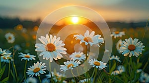 Daisy Dreams at Sunset: Golden Hour Landscape of Blooming Flowers in Grassy Meadow