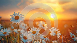 Daisy Dreams at Sunset: Golden Hour Landscape of Blooming Flowers in Grassy Meadow