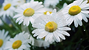 Daisy drops: Rain-kissed daisy flowers glistening in the morning dew